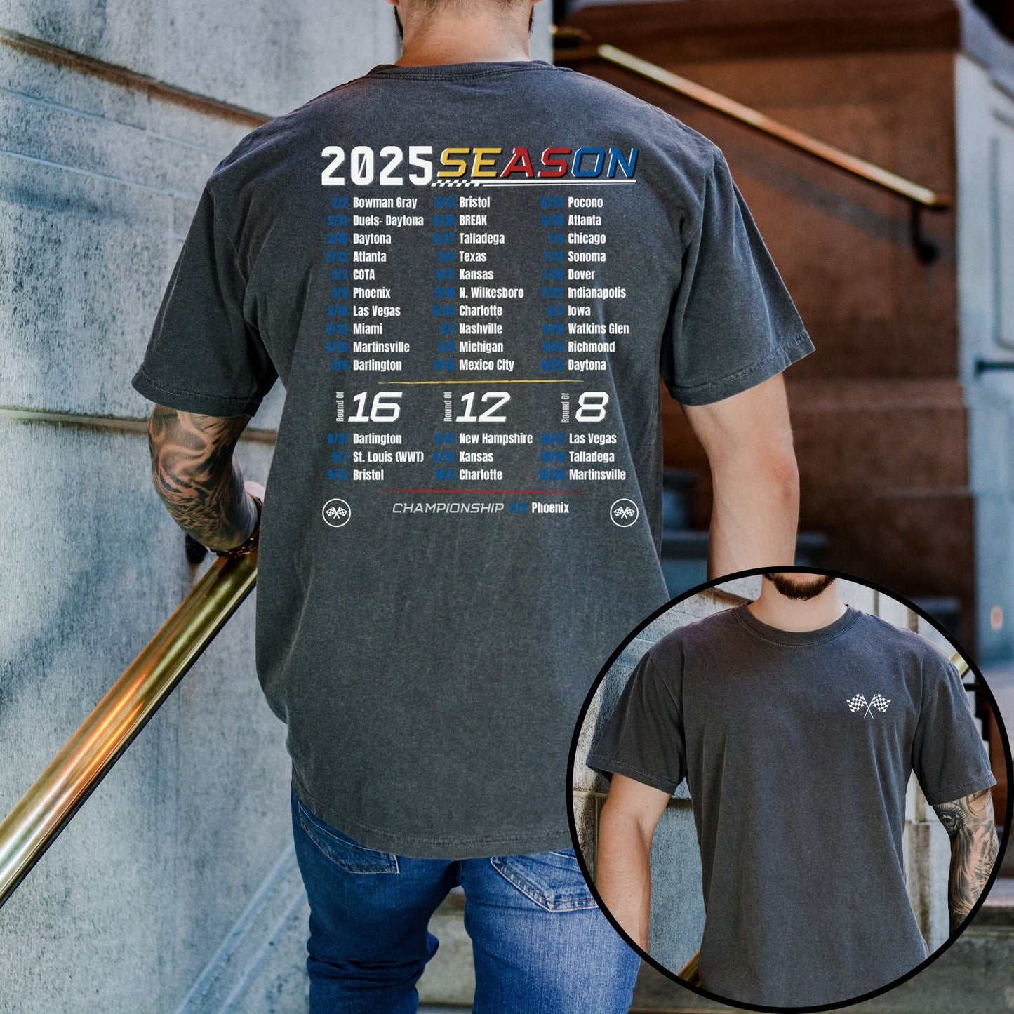 2025 NASCAR Schedule T-Shirt (Available in White, Gray and Black)