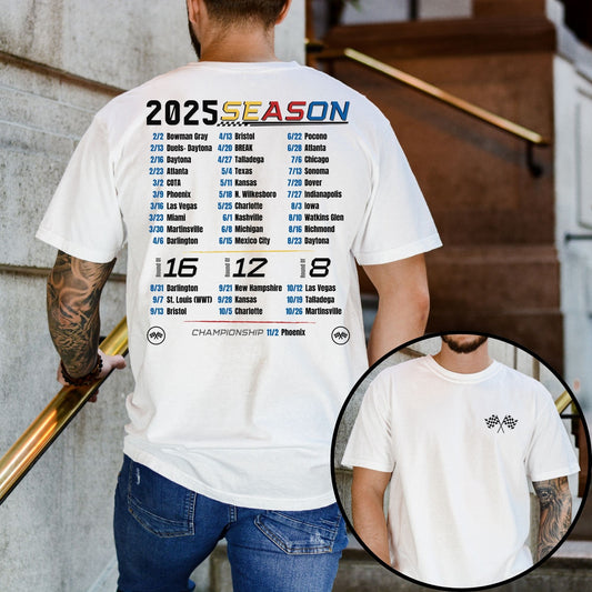 2025 NASCAR Schedule T-Shirt (Available in White, Gray and Black)